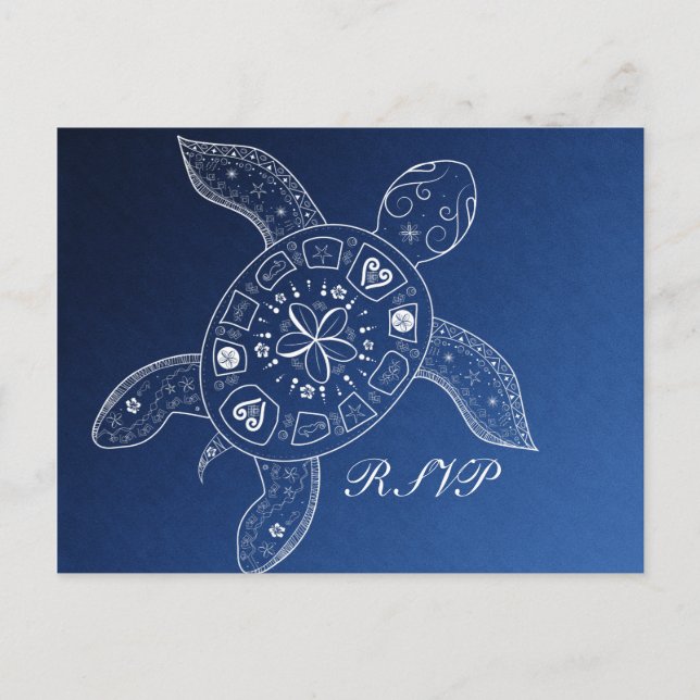 Postal De Invitación Boda de playa azul blanca de tortuga marina hawaia (Anverso)