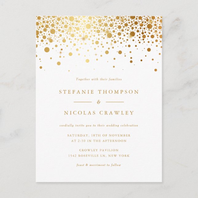 Postal De Invitación Boda de puntos de confetti de Relieve metalizado d (Anverso)