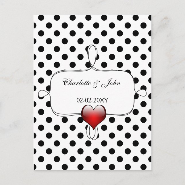 Postal De Invitación Boda de puntos de polka blanco y negro (Anverso)
