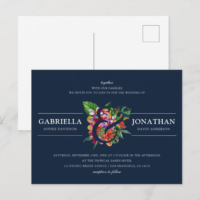 Postal De Invitación Boda de ramo tropical moderno de la Marina (Anverso / Reverso)