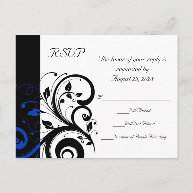 Postal De Invitación Boda de remolino negro/blanco/cobalto azul atrevid (Anverso)