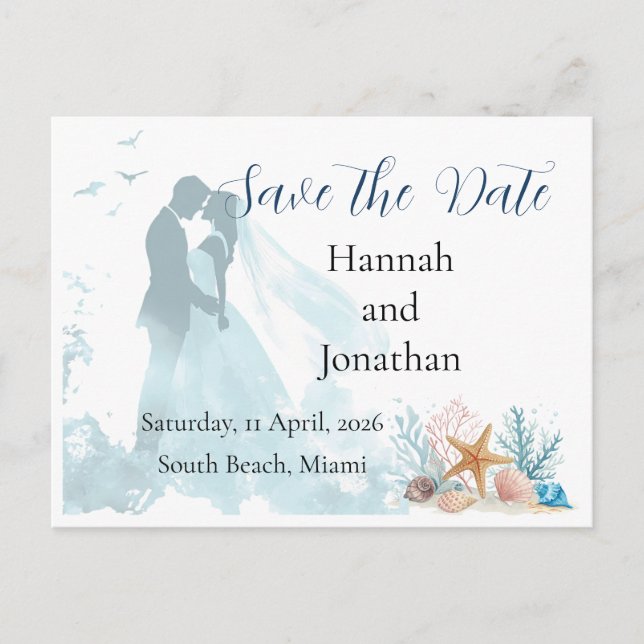 Postal De Invitación Boda de Romance Costero - Salva la Fecha (Anverso)