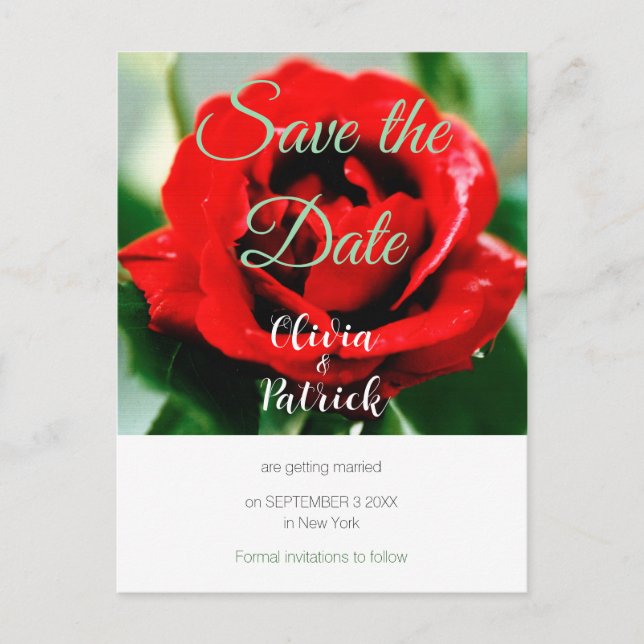Postal De Invitación Boda de Rosa Roja Guardar la Fecha  (Anverso)