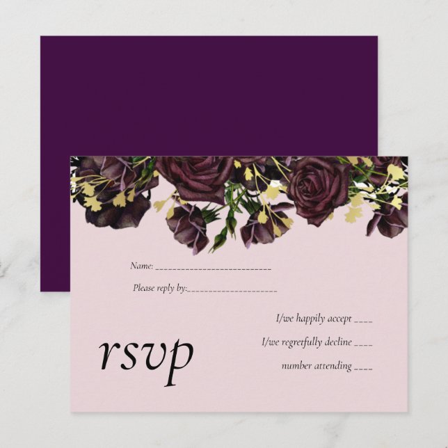 Postal De Invitación Boda de Rosas LeahG BUDGET Dark PLUM (Anverso / Reverso)