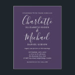 Postal De Invitación Boda de script de firma púrpura<br><div class="desc">Con nombres de estilo característico,  esta elegante postal de invitación a la boda púrpura se puede personalizar con su información en letras de moda. Diseñado por Thisisnotme©</div>