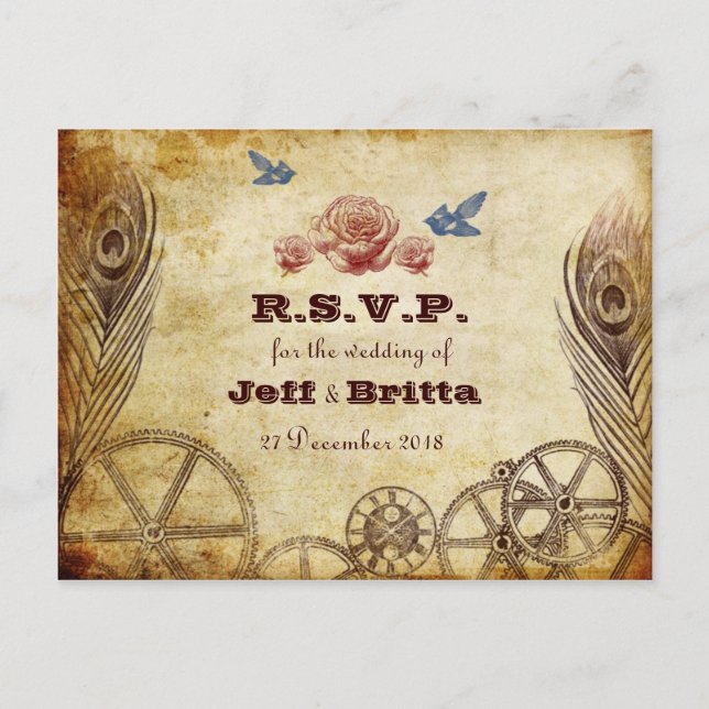 Postal De Invitación Boda de Steampunk de Faux Antique Gold (Anverso)