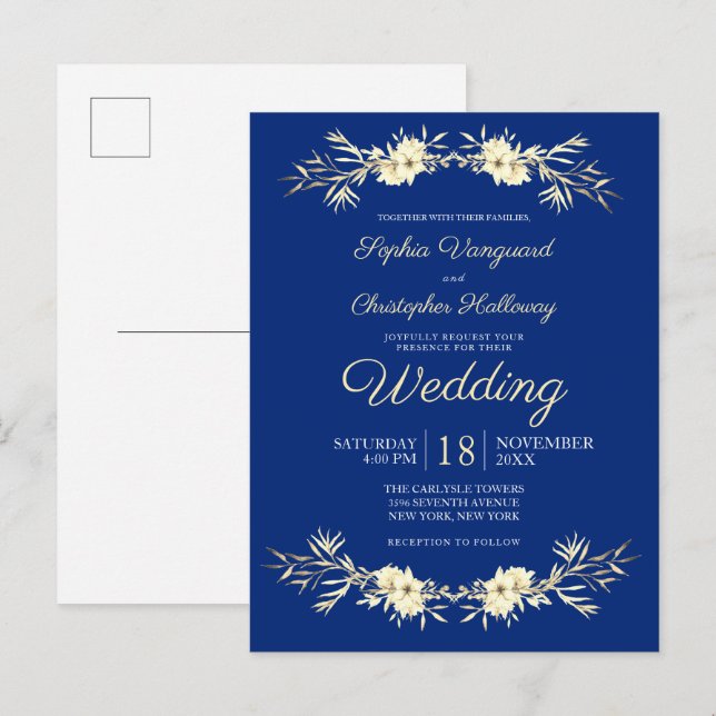 Postal De Invitación Boda de Trigo de Invierno Floral Azul Clásico En I (Anverso / Reverso)