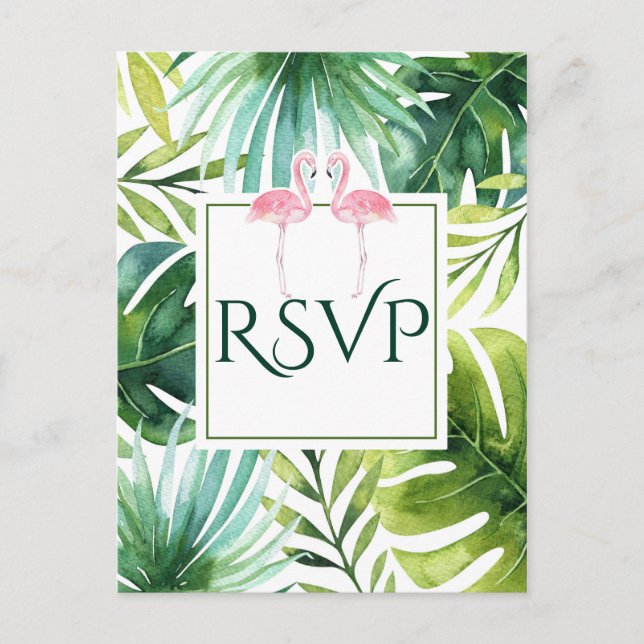 Postal De Invitación Boda de verano de hojas y flamencos tropicales RSV (Anverso)