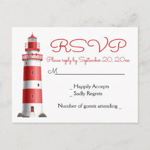 Postal De Invitación Boda de verano en la playa del faro rojo RSVP náut