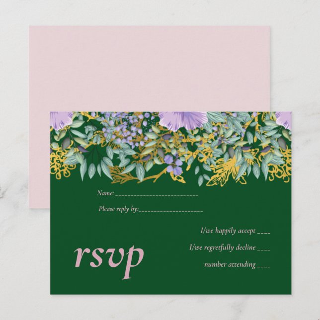 Postal De Invitación Boda de Verdor Floral de Lavanda Púrpura Presupues (Anverso / Reverso)