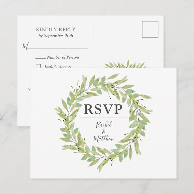 Postal De Invitación Boda de Wreath de verde Cartas de RSVP (Anverso / Reverso)