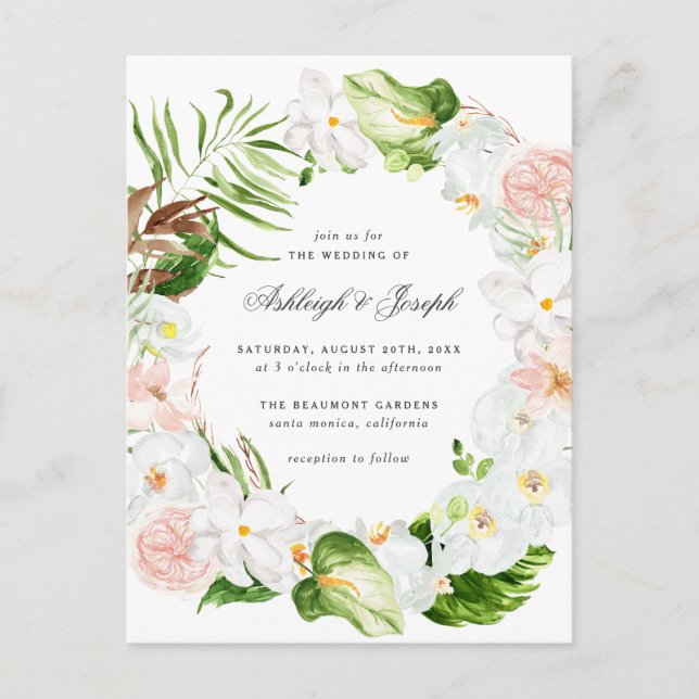 Postal De Invitación Boda de Wreath, vegetación tropical floral (Anverso)