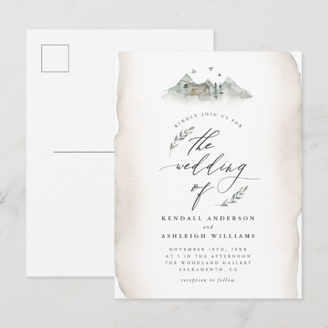 Postal De Invitación Boda de  y hojas de acuarela de Country Tan (Anverso / Reverso)