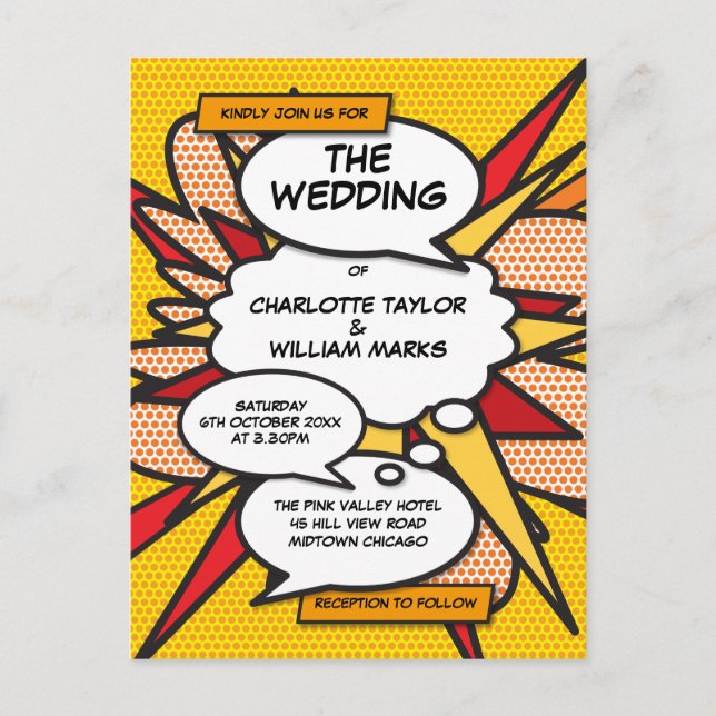 Postal De Invitación Boda divertida de cómic moderno arte pop (Anverso)