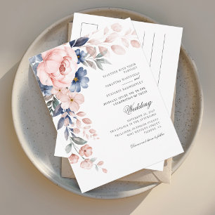 Postal De Invitación Boda Duste Blue Floral Pink Watercolor Bloom