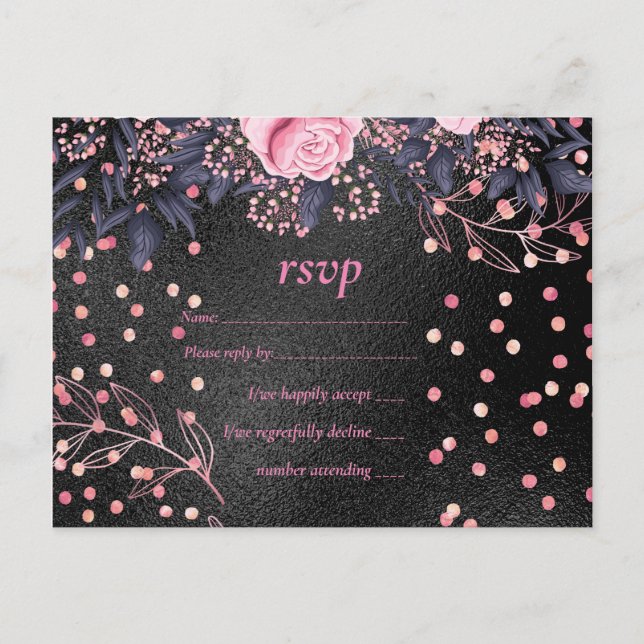 Postal De Invitación Boda Económica Look Metálico Rosado Dorado Floral (Anverso)
