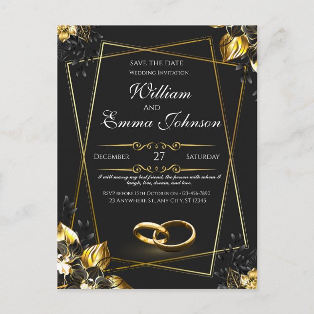 Postal De Invitación Boda elegante de oro y negro (Anverso)