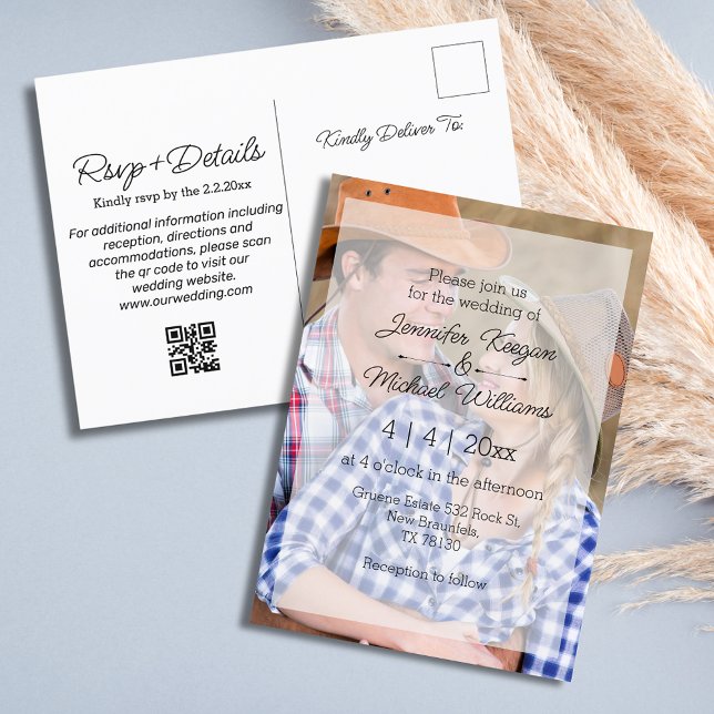 Postal De Invitación boda elegante de superposición de foto qr código r (Subido por el creador)