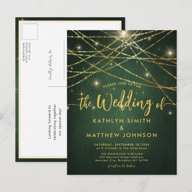 Postal De Invitación Boda elegante Sparkling Gold String Lights (Anverso / Reverso)