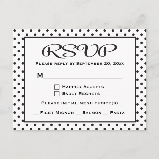 Postal De Invitación Boda/Fiesta de puntos de Polka RSVP en blanco y ne (Anverso)