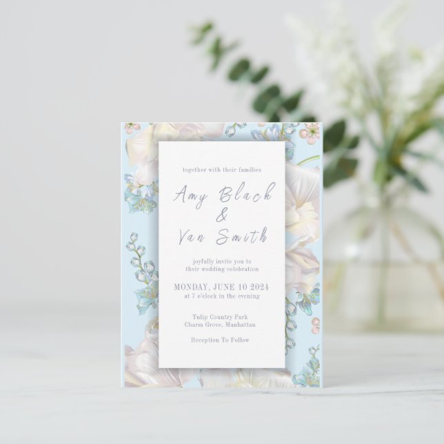 Postal De Invitación Boda Floral Azul Tulip (Anverso de pie)