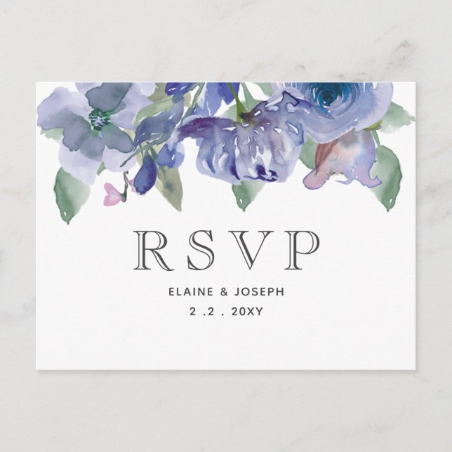 Postal De Invitación Boda floral azul y agitado de Rusia (Anverso)