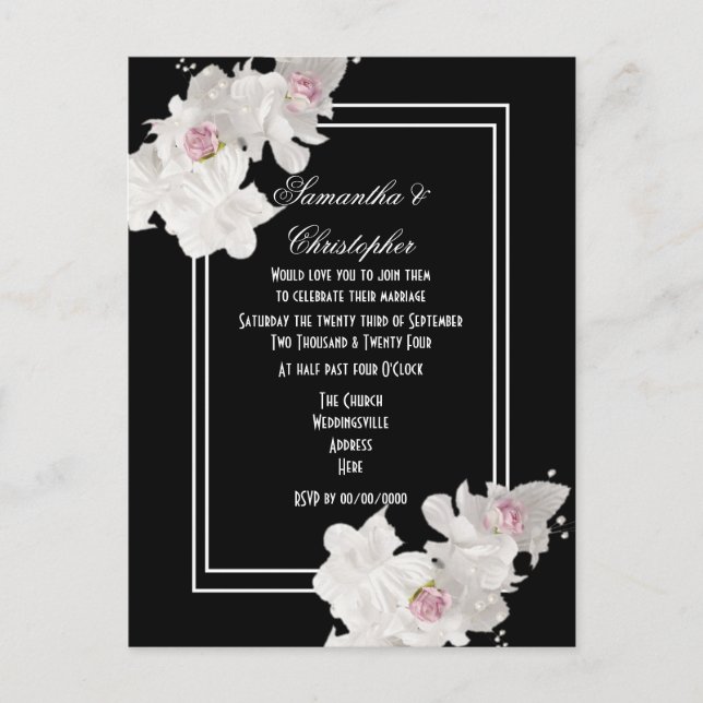 Postal De Invitación Boda floral blanco y negro (Anverso)