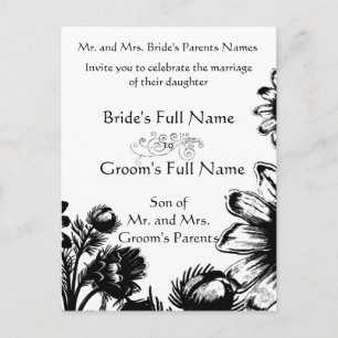 Postal De Invitación Boda floral blanco y negro