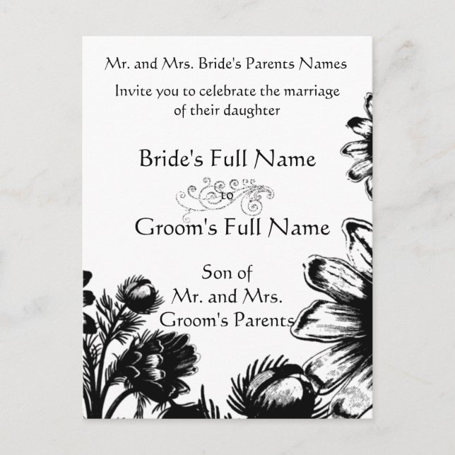 Postal De Invitación Boda floral blanco y negro (Anverso)