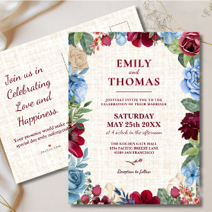 Postal De Invitación Boda floral, Borgoña y Romántico de la Marina