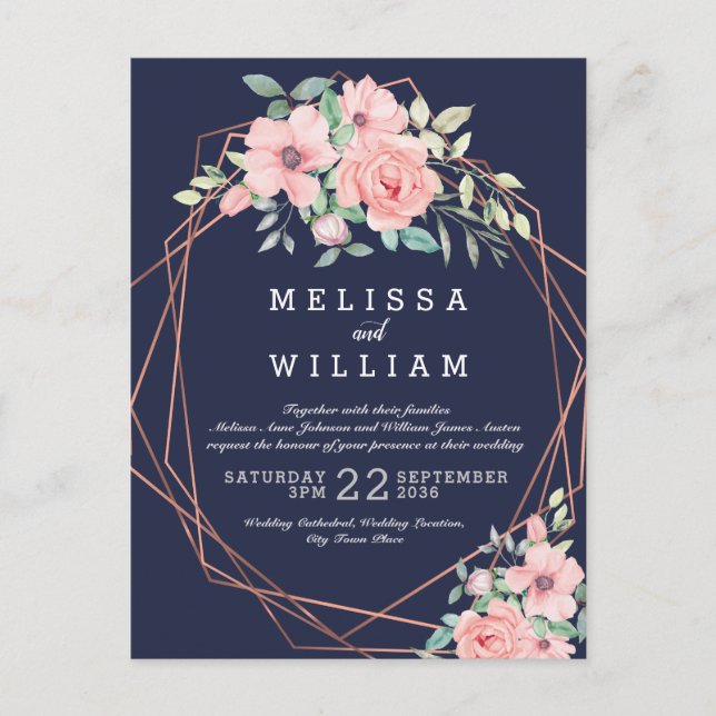 Postal De Invitación Boda floral de acuarela geométrica de cobre de la  (Anverso)