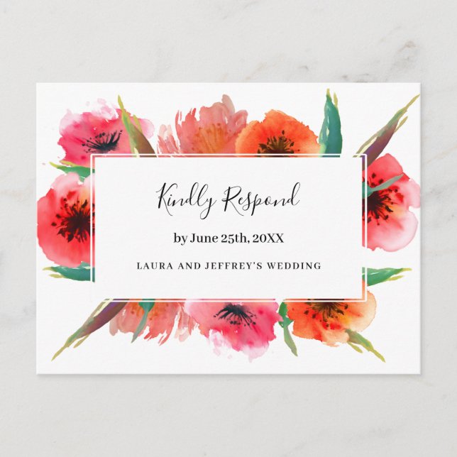 Postal De Invitación Boda Floral de Camionetas Pintadas Rojas RSVP (Anverso)
