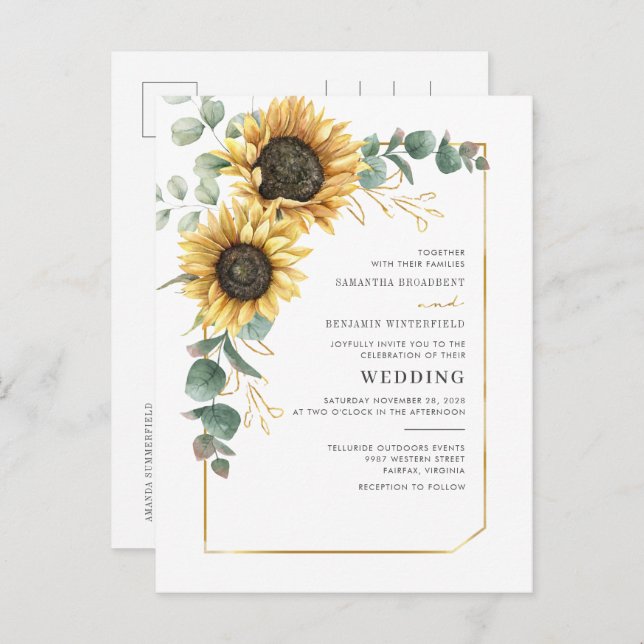 Postal De Invitación Boda floral de eucalipto geométrico de girasol (Anverso / Reverso)