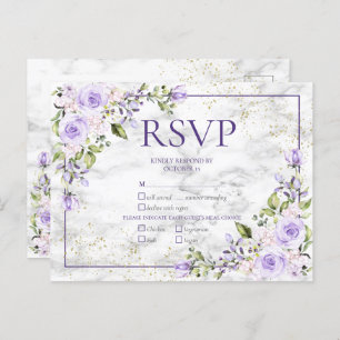 Postal De Invitación Boda Floral de Mármol de Oro Lilac Lavender RSVP