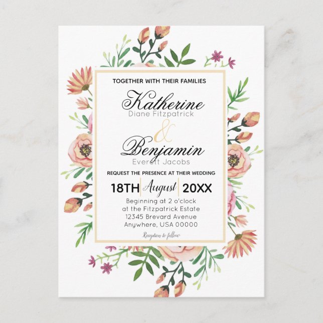 Postal De Invitación Boda Floral de Melocotón (Anverso)