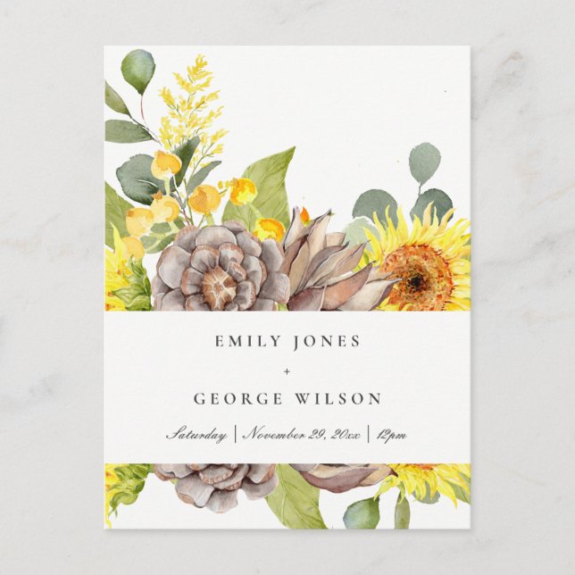 Postal De Invitación Boda FLORAL DEL PINO EUCALÍPTUS RUSTIC SUNFLOWER (Anverso)