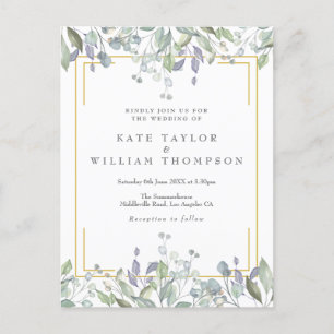 Postal De Invitación Boda floral lila verde geometría dorada