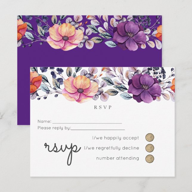 Postal De Invitación Boda Floral Naranja Púrpura RSVP (Anverso / Reverso)