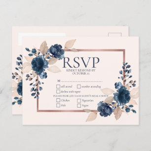 Postal De Invitación Boda floral rosa de la Marina de Oro Rosa Azul Dus