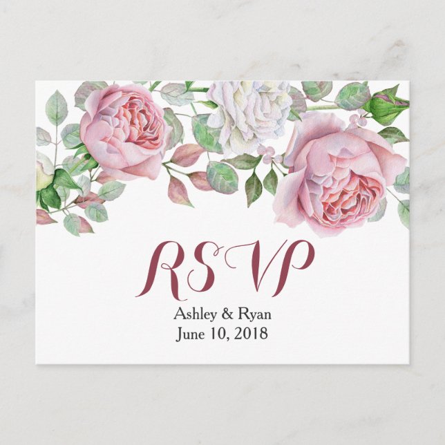 Postal De Invitación Boda floral Rosa de Moda rosa de Borgoña RSVP (Anverso)