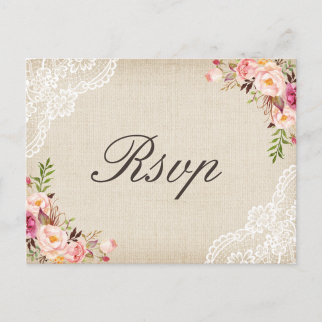 Postal De Invitación Boda floral Rustic Burlap Lace RSVP (Anverso)