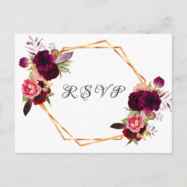 Postal De Invitación Boda florals burgundy sabio geométrico verde RSVP (Anverso)