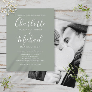 Postal De Invitación Boda fotográfico de Sage Green Signature Script