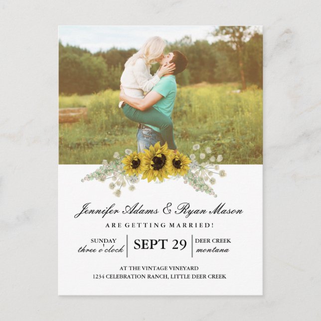Postal De Invitación Boda fotográfico simple girasoles (Anverso)
