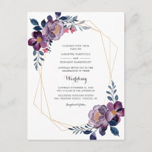 Postal De Invitación Boda geométrica de escritura floral púrpura