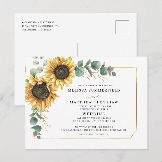 Postal De Invitación Boda geométrico de la vegetación del girasol (Anverso / Reverso)