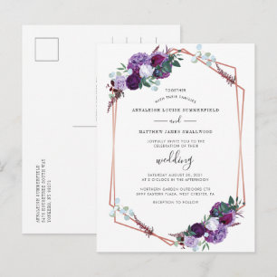 Postal De Invitación Boda Geométrico Purple Floral Rosa Gold
