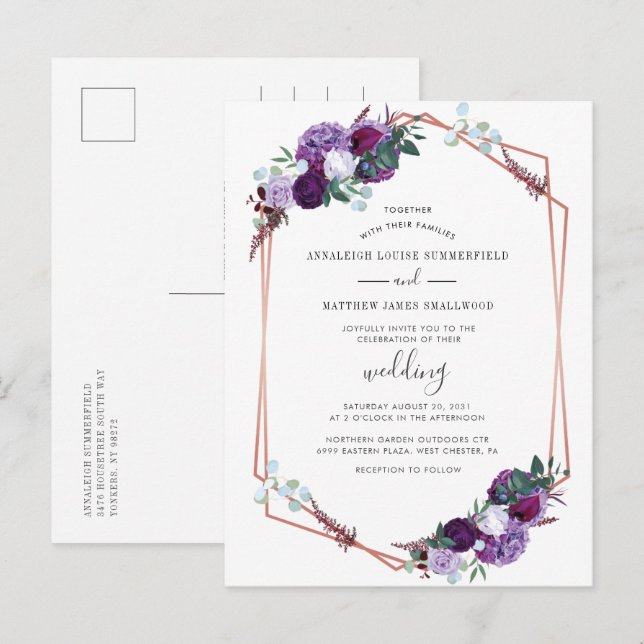 Postal De Invitación Boda Geométrico Purple Floral Rosa Gold (Anverso / Reverso)