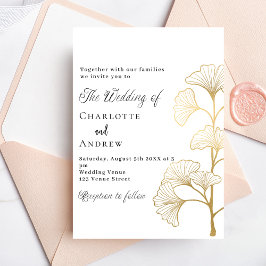 Postal De Invitación Boda ginkgo deja el guión de oro blanco
