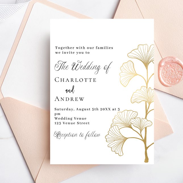Postal De Invitación Boda ginkgo deja el guión de oro blanco (Subido por el creador)